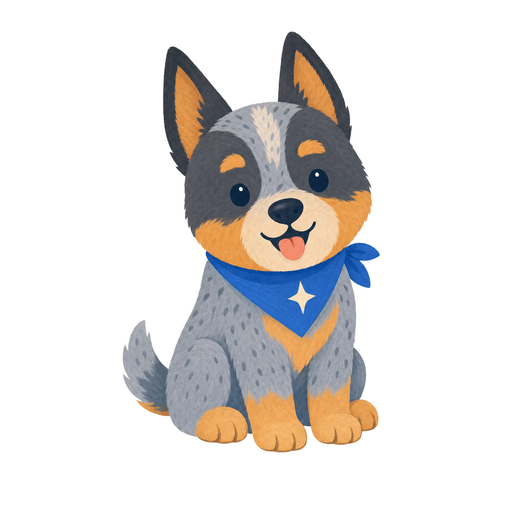 Comet, a blue-speckled cattle dog with upright ears and tan cheeks, in a blue star bandana.